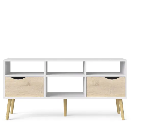 TVILUM Delta TV-bord - hvit/eikstruktur, m. 2 skuffer og 4 rom